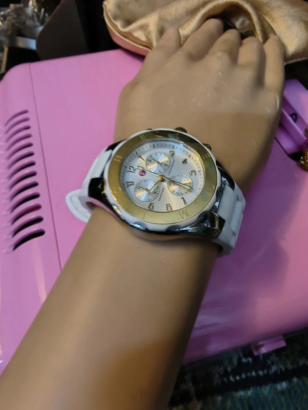 MICHELE Tahitian Jelly Bean Chronograph Watch — Two-Tone Gold & Steel, White Sil